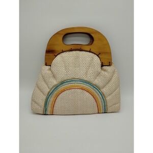 Vintage Wood Handle Handbag Purse Straw Like Fiber  Rainbow Made In Philippines